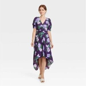 A New Day Floral Purple Midi Dress Puff Sleeve Size S